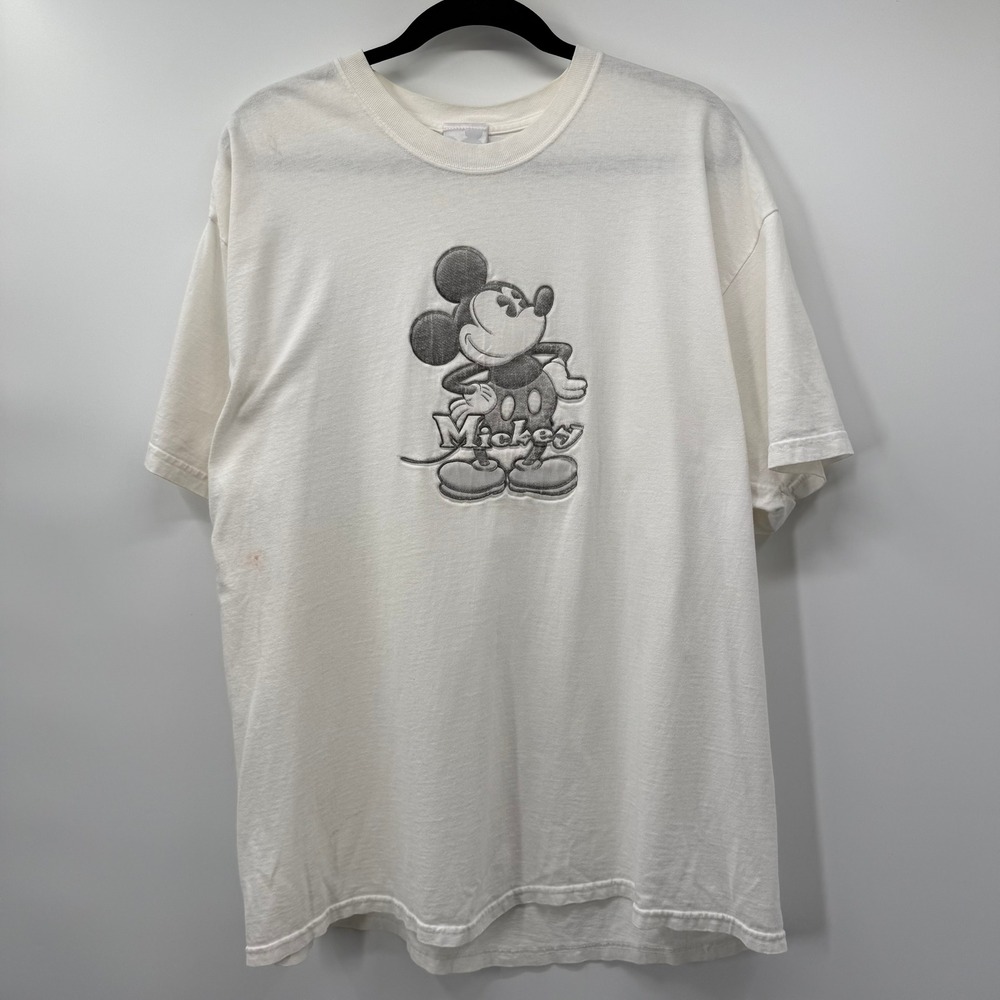 Disney Store Mens XL Shirt White Embroidered Mickey Mouse Short Sleeve